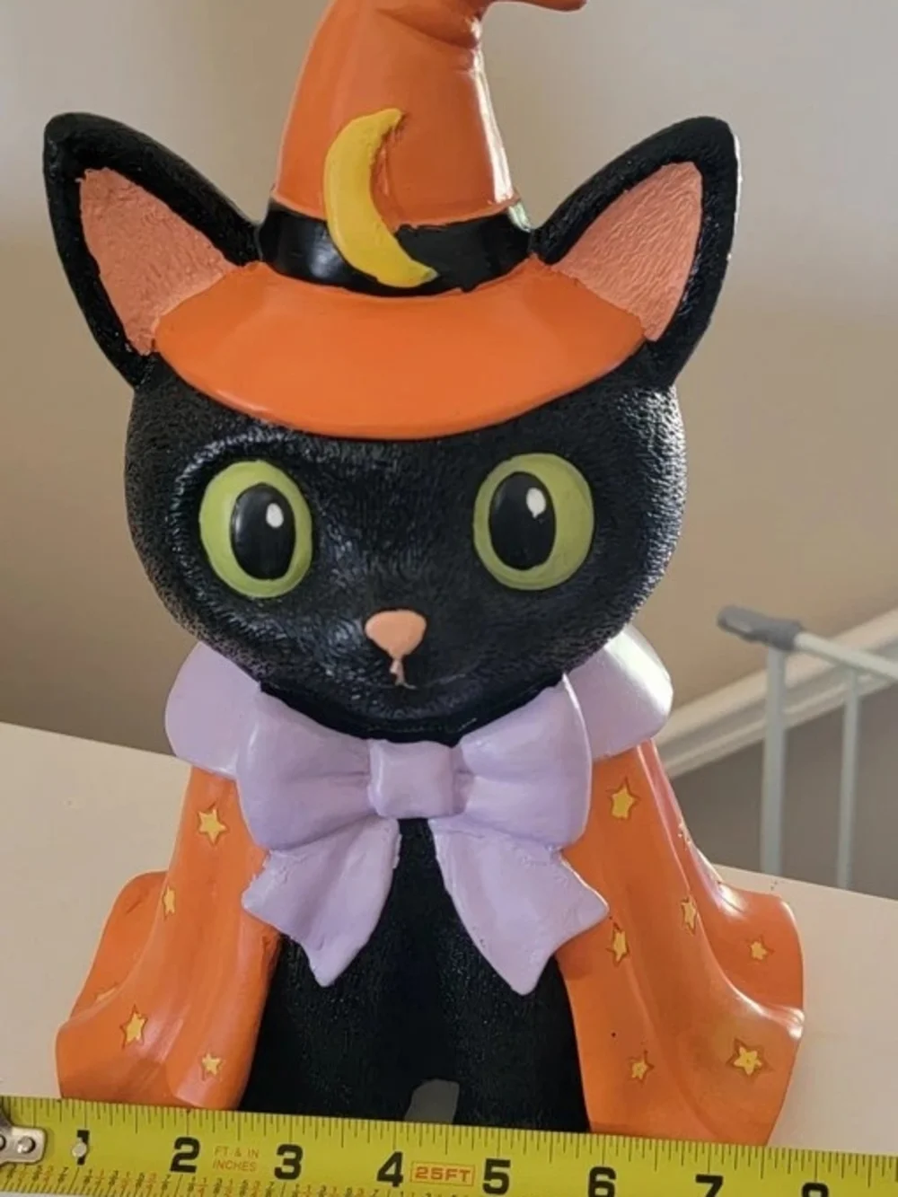 Black Halloween Cat Figurine with Orange Witch Hat and Cape